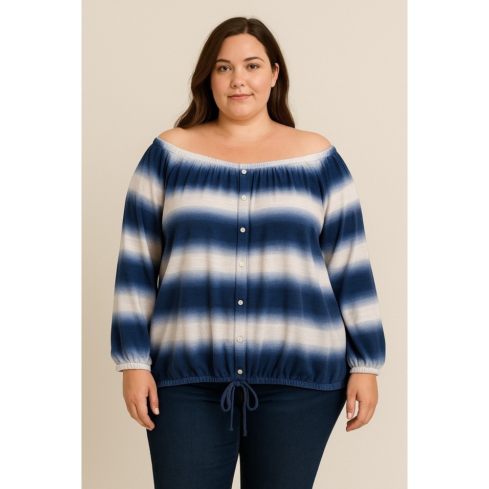 Rafaella 2X Blue White Ombre Stripe Button Front Peasant Blouse Drawstring